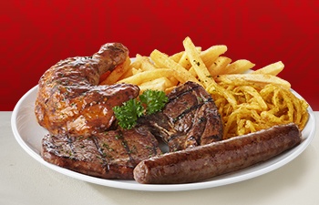 Quarter chicken, chop and wors with crispy onion rings and chips